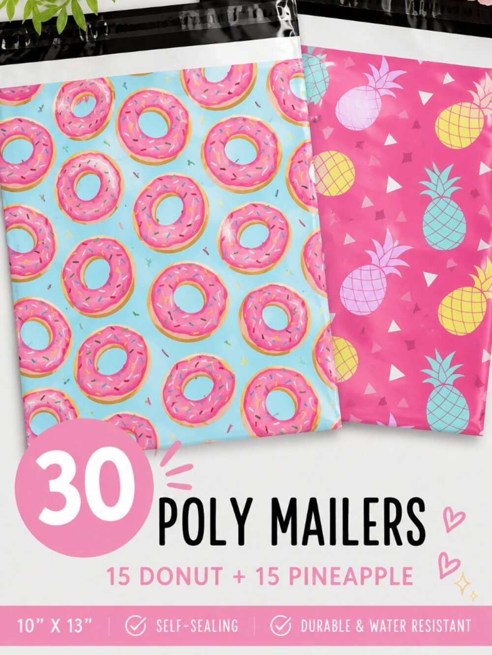 30 Cute 10x13 Poly Mailers Donut & Pineapple Print Shipping Bags 15 Each Style